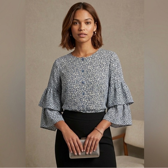 J. Crew Tops - Women's Blue and White Ditsy Print Ruffle Sleeve Top